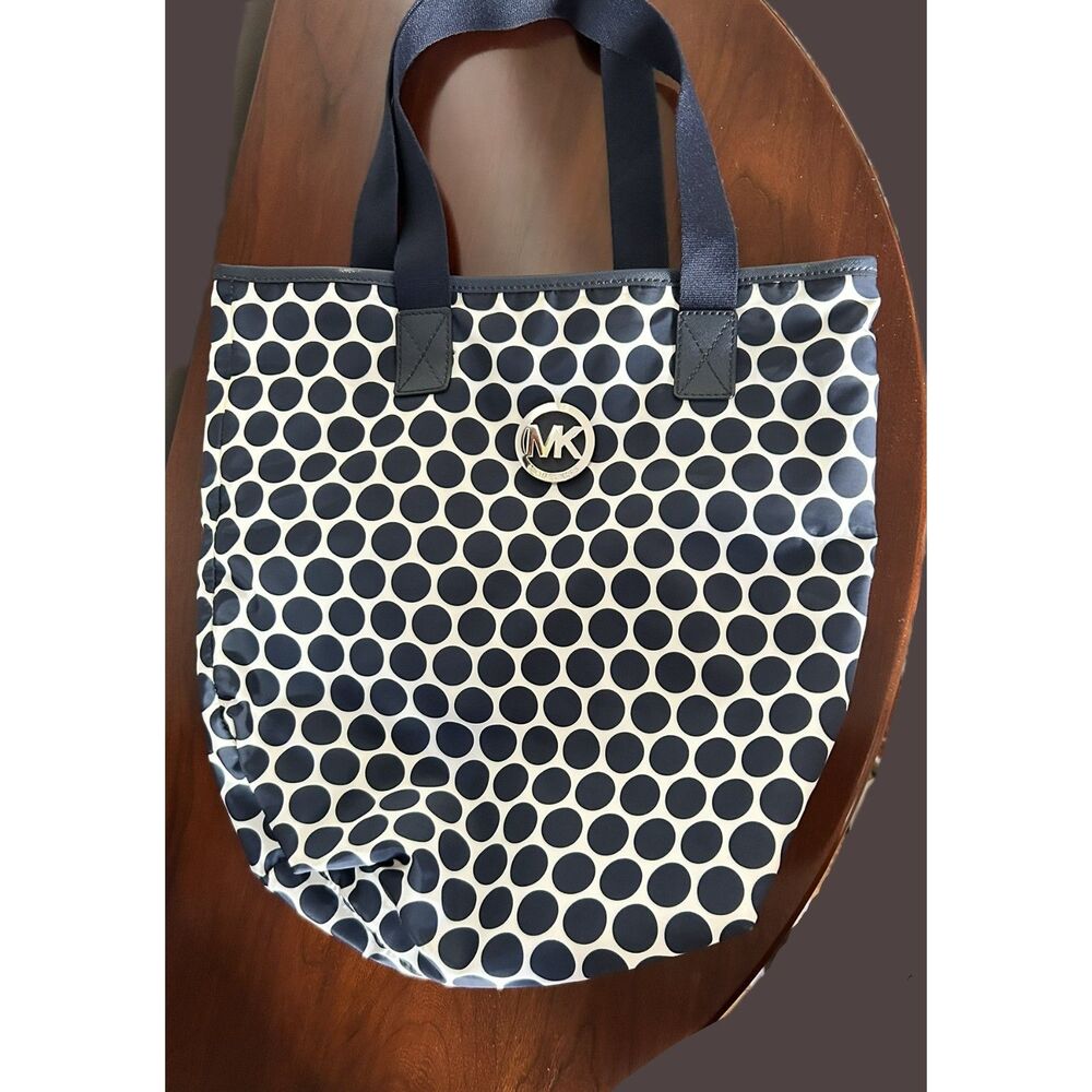 Michael Kors navy blue & white fabric polka dot open tote